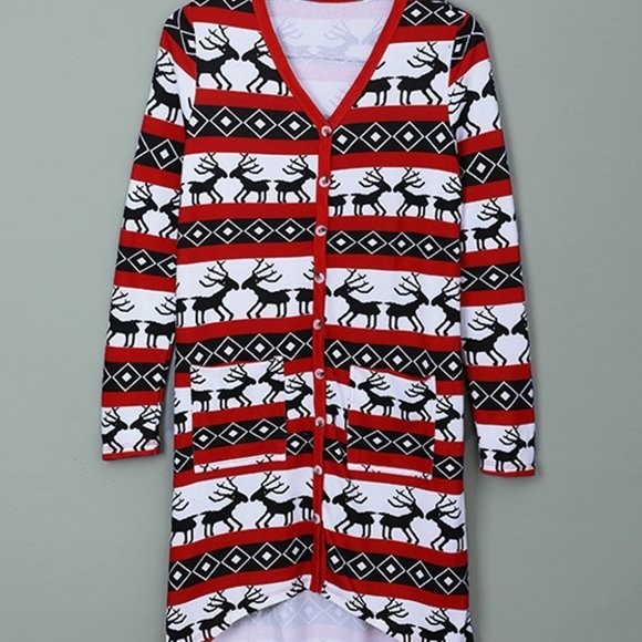 Red Christmas Element Print Long Cardigan - Picture 3 of 11